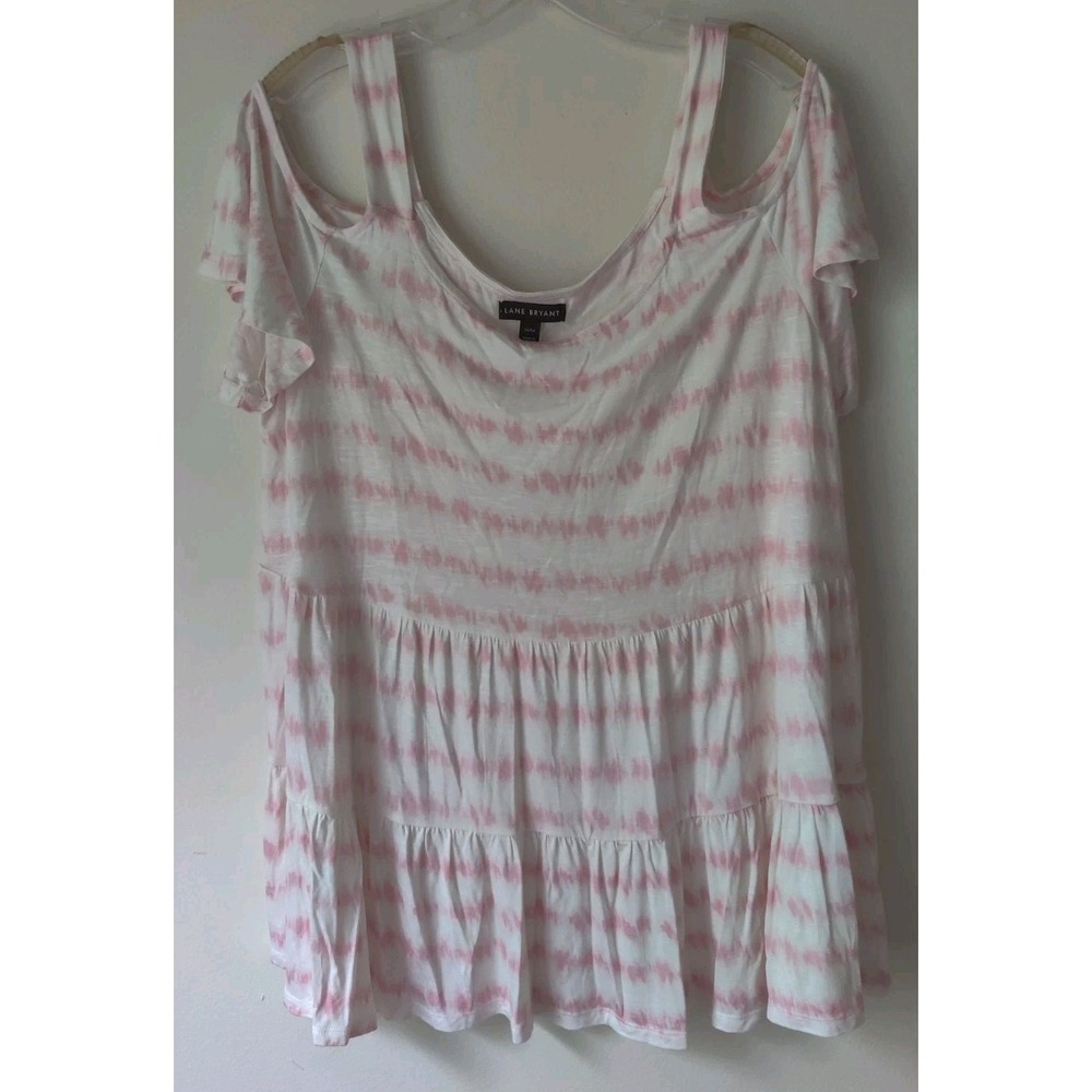 Lane Bryant Women's Cold Shoulder Top Pink/White Short Sleeve Lightweight Flowy